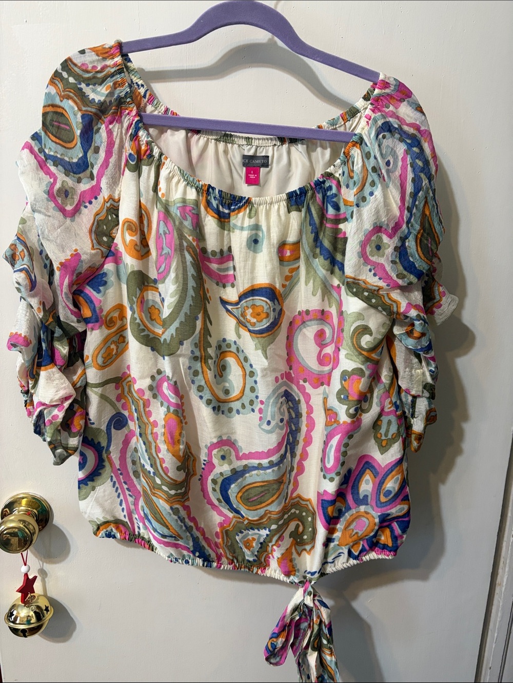 Vince Camuto White Paisley Tie-Hem Blouse with Pink, Blue & Green Accents